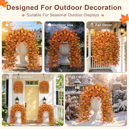 Artificial Hanging Flowers for Outdoors, 2 PCS 344-Bloom UV Resistant Mums - color: Orange Yellow Gradient