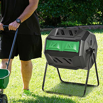 Tumbling Compost Bin Outdoor 360° Dual Chamber Rotating Composter, 43 Gallon, Green