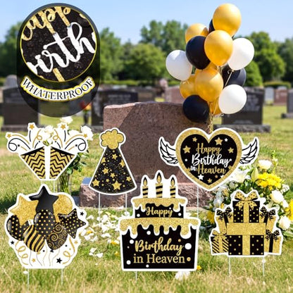 Sieral 6 Pcs Black Gold Happy Birthday in Heaven Decor Funeral Grave Sign - style: Black Gold