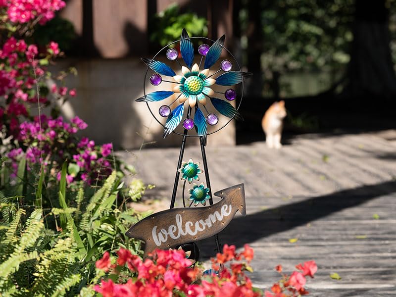 TERESA'S COLLECTIONS Solar Metal Wind Spinner Garden Stake Mom Gift 35.4" - color: Blue, size: Large