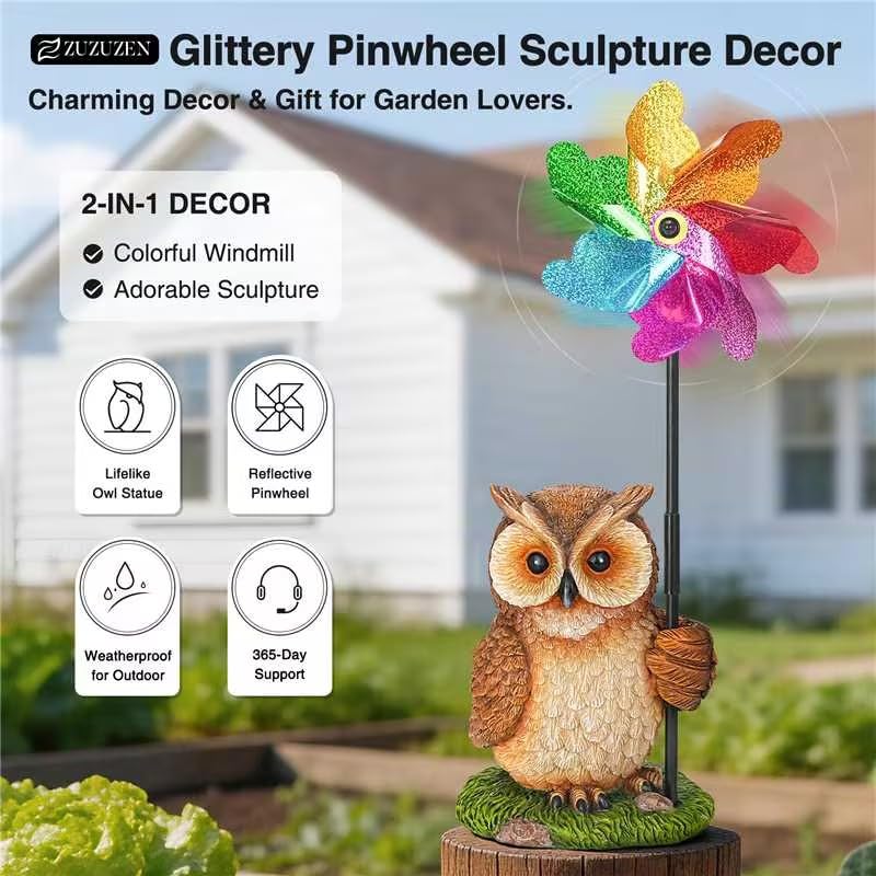 Owl Statue with Reflective Wind Spinners Garden Decor - size: Owl