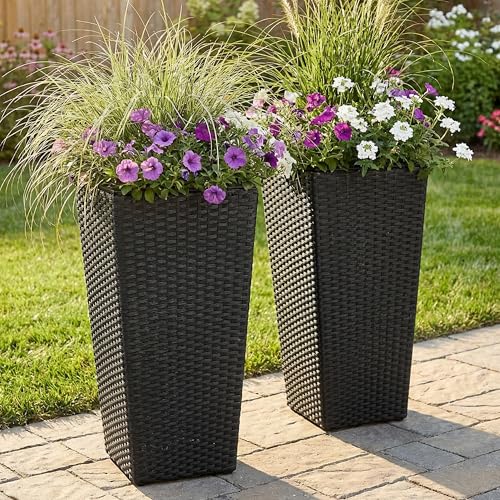 Sunnydaze 20" Square Tall Wicker Outdoor Planter, Black, 2pk - color: Black, size: 20 in