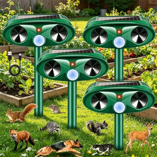 2026 Upgraded Solar Ultrasonic Animal Repeller Outdoor Cat Deer Repellent Devices with USB Charging,4Pcs Animal Deterrent Device for Rabbit Raccoon Dog Squirrel Rodent Skunk Repellent for Yard Garden