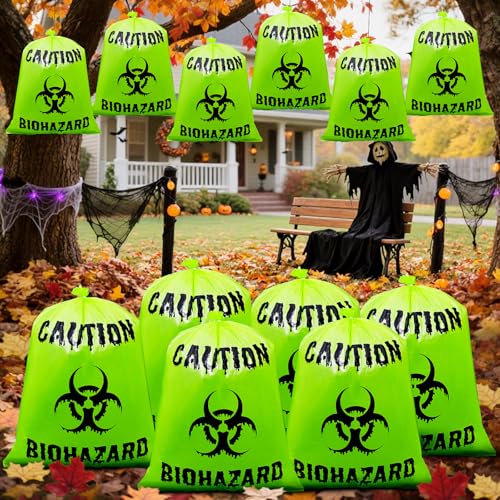 12 Pcs Green Large Halloween Lawn Leaf Bags Outdoor,Biohazard