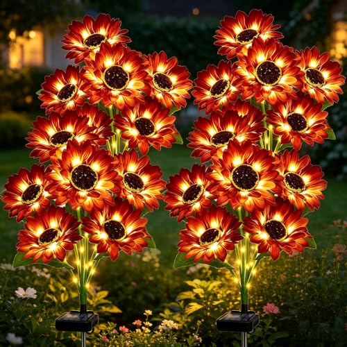 Solar Sunflower Lights Outdoor Garden Decor, 4 Pack Solar Brown Flowers Lights with 24 Sunflowers, Waterproof Fall Decor Stake Decorative Light Auto ON/Off for Garden Yard Patio, Gift for Women - color: Brown, size: 6 in 1 Sunflower-4 Pack