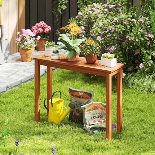 Tangkula Wooden Plant Stand, Outdoor Indoor Solid Wood Flower Pot Holder Display Shelf with Teak Oil Finish, Slatted Top, Rustic Plant Rack for Patio Garden Entryway Porch - size: 40" x 12" x 29"