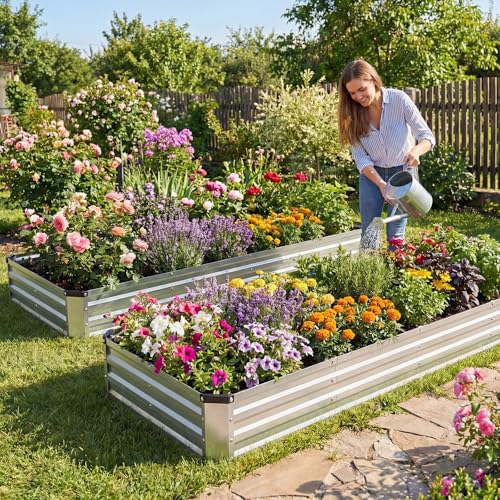 DUMOS Galvanized Raised Garden Bed Outdoor, Planter Box, 8x4x1ft 2 Pack - color: Silver, size: 8×4×1ft (2 Pack)