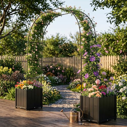 Raised Garden Bed with 3-in-1 Arch Trellis, & Black Plastic Planters