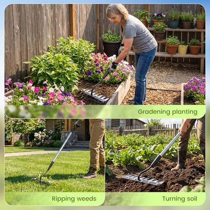 Iron Weeding Rake with Long Handle, Manual Weeder Tool for Garden