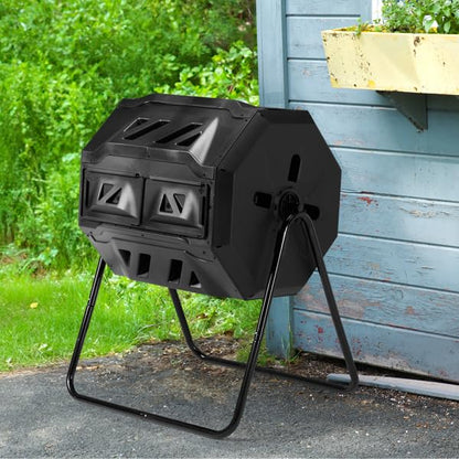42-Gal Dual Chamber Compost Tumbler Outdoor, 360° Rotating Compost Bin with Steel Frame, Aeration System & 2 Sliding Doors for Kitchen, Garden, Yard - Black