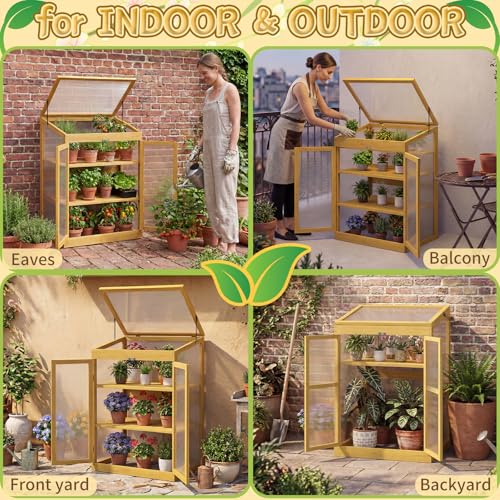Wooden Cold Frame Greenhouse, Garden Portable Mini Solid Wood Greenhouse Cabinet with Transparent Flip-Top Roof, Raised Flower Plants Shelf Protection for Outdoor Indoor, Natural