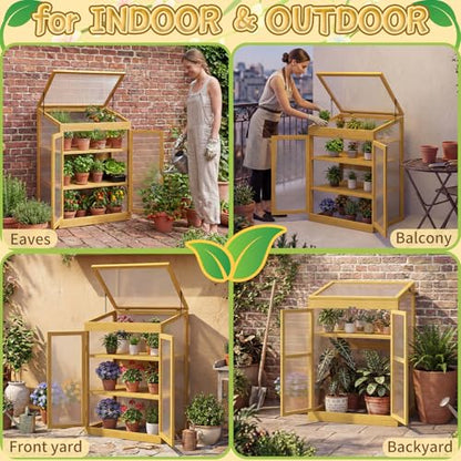 Wooden Cold Frame Greenhouse, Garden Portable Mini Solid Wood Greenhouse Cabinet with Transparent Flip-Top Roof, Raised Flower Plants Shelf Protection for Outdoor Indoor, Natural