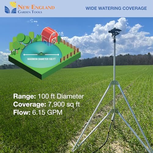 Heavy Duty Tripod Sprinkler 300003, Long Range Sprinkler with 100 FT Reach, 6 Feet Adjustable Tripod Height, 360° Range Control, for Farm, Lawn, Field, Orchard Irrigation by New England Garden Tools