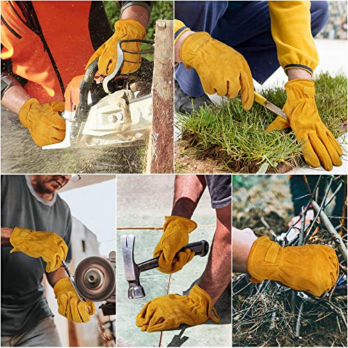 OZERO Leather Work Gloves, Gardening Gloves, Cowhide, Mesh Lining, 1Pair, M - color: Gold With Mesh Linning (1 Pair), size: Medium
