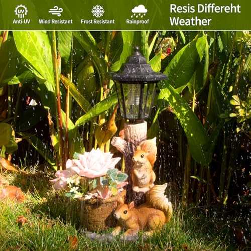 Solar Squirrels Outdoor Statues, Garden Sculpture with Flowerpot & Lantern - color: Squirrels