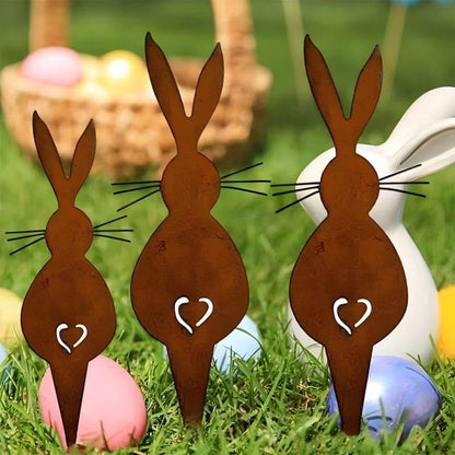 3-Pack Rustic Metal Rabbit Garden Stakes, Weathered Rust Finish with Heart Cutout, Suitable for Easter Accents