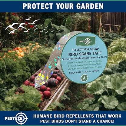 PESTEZE USA Bird Deterrent Reflective Tape–Dual-Sided Holographic Bird Scare Ribbon (1in x 295ft) for Yards, Gardens & Buildings to Repel Nuisance Birds Like Pigeons, Woodpeckers & Geese Without Harm