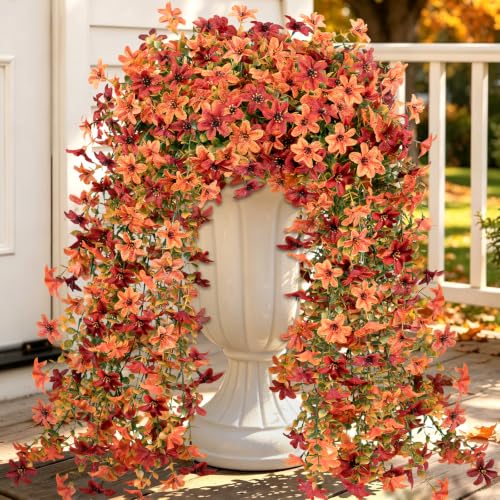 Artificial Hanging Flowers for Outdoors, 2 PCS 344-Bloom UV Resistant Mums - color: Orange Burgundy Gradient