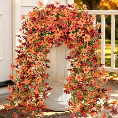 Artificial Hanging Flowers for Outdoors, 2 PCS 344-Bloom UV Resistant Mums - color: Orange Burgundy Gradient