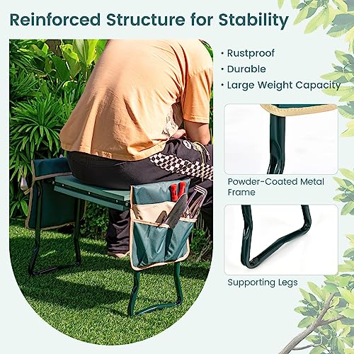 HAPPYGRILL Garden Kneeler Bench for Kneeling and Sitting, Portable Garden Kneeler Seat with 2 Large Tool Pouches, EVA Foam Kneeling Pad, Foldable Gardening Tool Bench