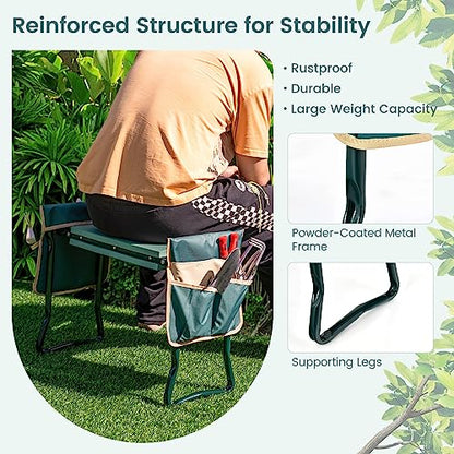 HAPPYGRILL Garden Kneeler Bench for Kneeling and Sitting, Portable Garden Kneeler Seat with 2 Large Tool Pouches, EVA Foam Kneeling Pad, Foldable Gardening Tool Bench