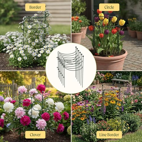 6 Pack Curved Plant Support Stakes, Dual Half Round Metal Garden Plant Stake, Peony Cages and Supports, 10"(W) x 20" (H) Flower Support Ring for Peonies, Hydrangea - size: Medium