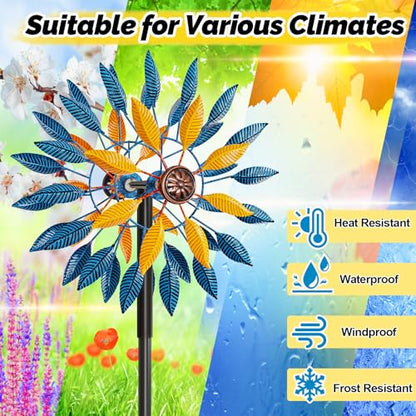 Metal Wind Spinners Outdoor Kinetic Sculpture 5-Prong Base for Garden Yard - color: Blue+yellow