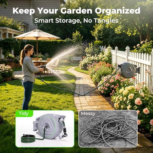 Etoolab Retractable Garden Hose Reel 100+6.6ft x 5/8 in with 9 Spray Nozzle - color: Grey