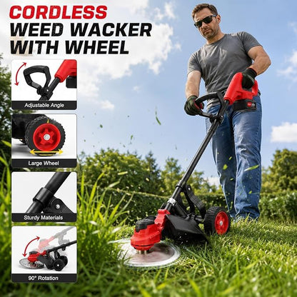 4-in-1 Electric Weed Wacker with Wheels, 20000RPM Cordless Weed Whacker & Brush Cutter, Lightweight 21V Battery Powered Lawn Edger with 2 Batteries