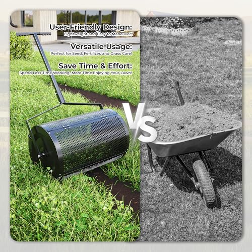 KYBOLT 24 Inch Compost Spreader with Adjustable Push Pole & Easy Open Door - Lightweights Metal Mesh Lawn Spreader for Peat Moss, Topsoil, Manure, Mulch | Durable & Rust-Proofs Garden Spreader Tools