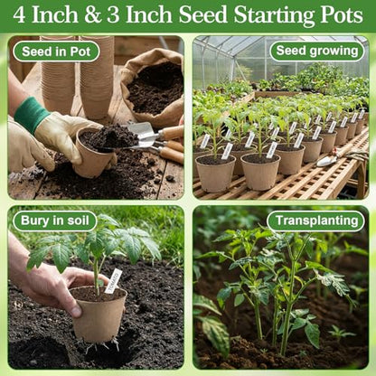 150 Pack Peat Pots for Seedlings 100 4-inch & 50 3.15-inch Round Biodegradable Seed Starter Pots with Drainage Holes for Garden Germination Nursery, Includes 150 Plant Labels & Planting Tools