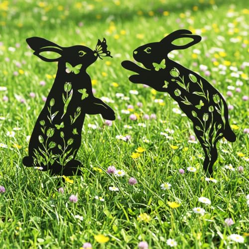 2 Pcs Metal Bunny Garden Stakes, Decorative Rabbit Silhouette Yard Art - color: Bunny