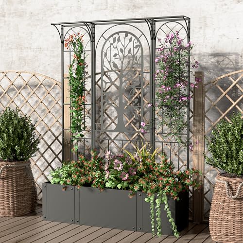 Metal Planter Box with Trellis, Outdoor Raised Garden Bed, Black - color: Black