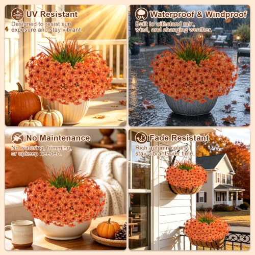 15 Pcs Fake Mums Artificial Fall Flowers for Outdoor Decorations, Orange