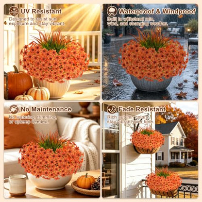 15 Pcs Fake Mums Artificial Fall Flowers for Outdoor Decorations, Orange