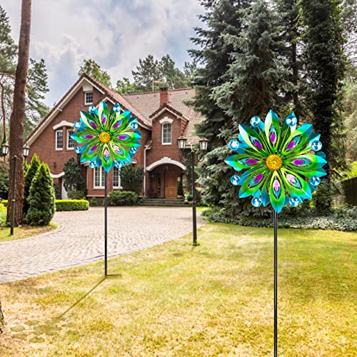 Viveta Kinetic Wind Spinner, 53 inch Outdoor Metal Wind Spinners for Yard and Garden, Double Windmill with Stable Stake - color: C-green-1 Pack