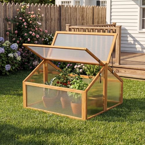 Giantex Wood Cold Frame Greenhouse, Portable Raised Flower Planter Protection with Transparent Openable Roof, Small Indoor Outdoor Hot House for Garden Sunroom Balcony, 36”x33”x23” - size: 36”x33”x23”