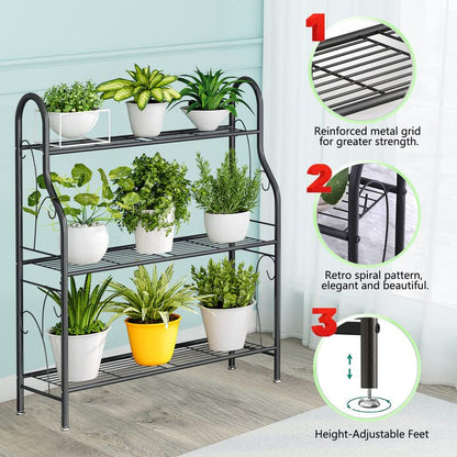 SORCEDAS Plant Stand Indoor Outdoor 3 Tier Metal Corner Flower Shelf - size: 3 Tier-Dark Grey