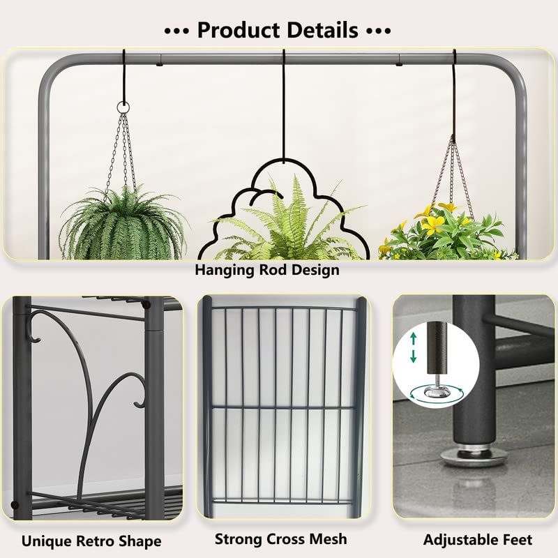 SORCEDAS Plant Stand Outdoor Indoor 3 Tier Metal with Hanging - size: 3 Tier With Hanging-Dark Grey