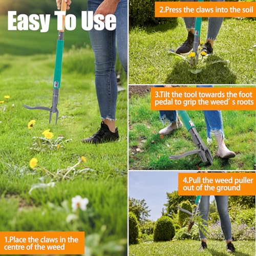 Pragmatist Stand Up Weed Puller Tool with Dual Weed Eject Tech, 4 Claw Steel Head Garden Tools 57.1" Long Handle Weeder, Heavy Duty No Bend Weed Remover for Dandelions, Thistles, Lawn and Yard