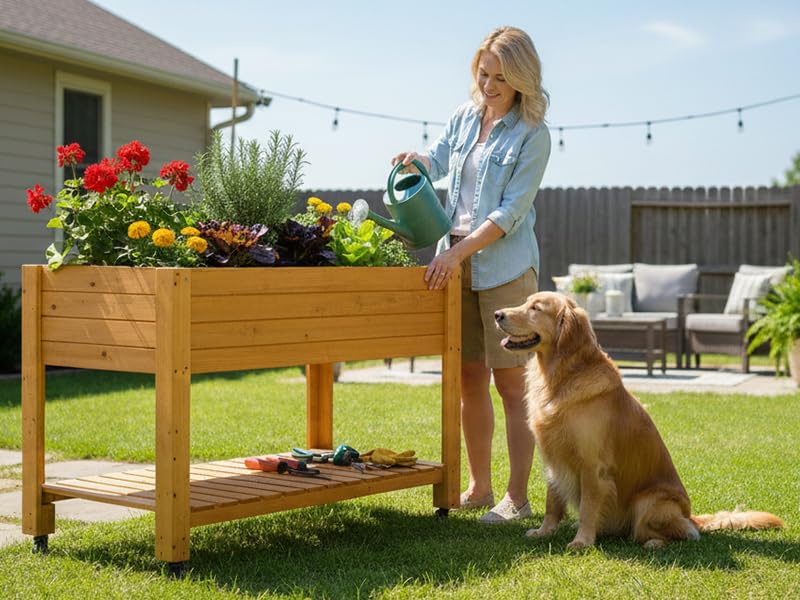 48x24x33 Raised Garden Bed with Wheels, Wood Elevated Planter Box, Natural
