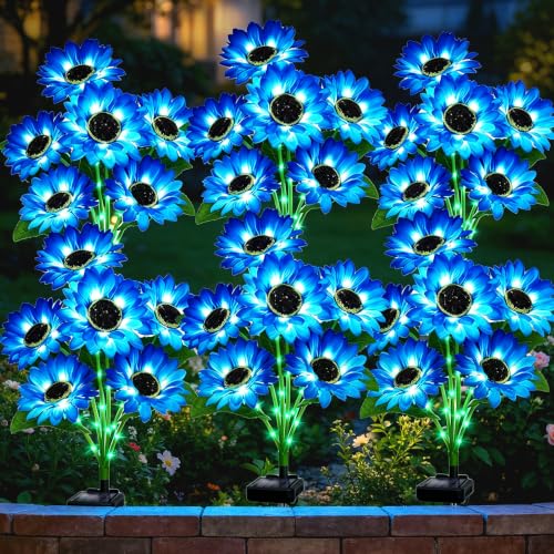Solar Sunflower Lights Outdoor Garden Decor, 6 Pack Solar Blue Flowers Lights with 36 Sunflowers, Waterproof Fall Decor Stake Decorative Light Auto ON/Off for Garden Yard Patio, Gift for Women - color: Blue, size: 6 in 1 Sunflower-6 Pack