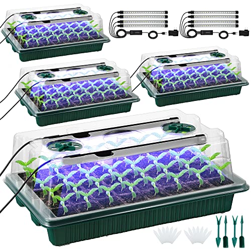Saillong 4 Pack Seed Starter Tray with Grow Light, 80 Cell Indoor Greenhouse Seed Starting Set with Humidity Dome, 360° Full Spectrum LED, Smart Timer, 5 Brightness Levels for Germination