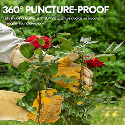 Vgo... Men's Extra-Long Leather Gardening Gloves, Gauntlet with Adjustable Cuff, Puncture & Thorn Proof, Touchscreen (CA9659) - color: 1 Pair - Yellow, size: Medium