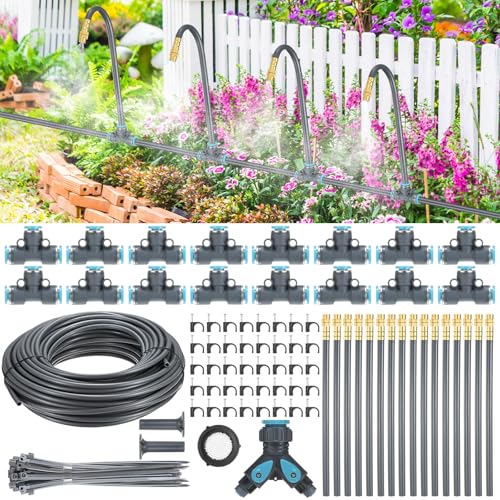 M METERXITY 1-Set Drip Irrigation System, 98Ft 1/4" Hose Garden Watering Misting System with 16pcs 360° Adjustable Copper Nozzles for Greenhouse/Yard/Lawn, Atomizing Watering Accessories - color: Gray + Gold Tone, size: 98Ft 1/4"