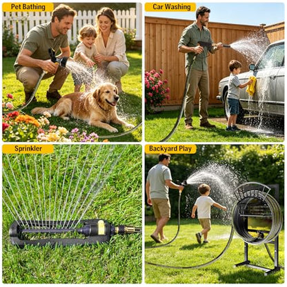 Garden Hose Holder with Brass Faucet, 45ft Rubber Hose, 5ft Leader Hose