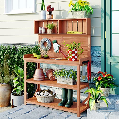 Merax 65" Large Wooden Farmhouse Rustic Outdoor Potting Bench Table with 4 Storage Shelves and Side Hook, Patio Workstation, for Garden, Backyard, Natural - color: Natural, size: 46.9 inch Length