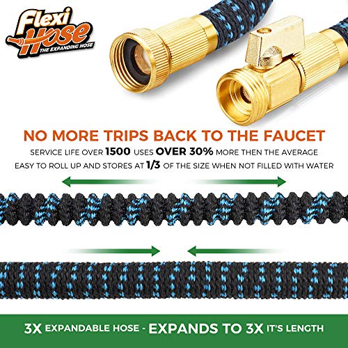 Flexi Hose Expandable Garden Hose with 8 Function Nozzle, 100FT - Lightweight Retractable Garden Hose, Water Hose - No-Kink Flexibility, 3/4 Inch Solid Brass Fittings and Double Latex Core - size: 100ft
