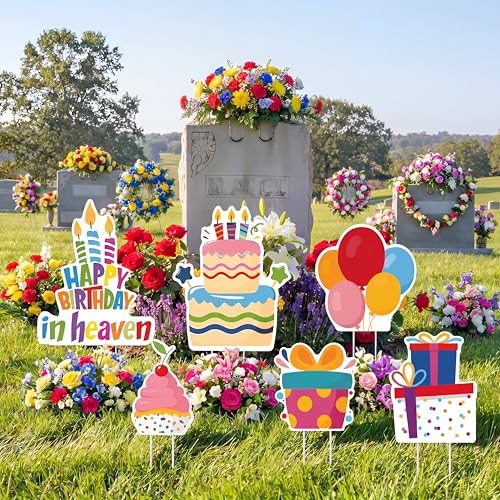 Sieral 6 Pcs Happy Birthday in Heaven Decoration Funny Funeral Grave Sign - style: Colorful