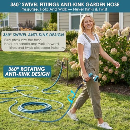 FlexiSolve 100ft Non-Expanding Garden Hose with 360° Swivel & Valve, Blue - size: 100ft